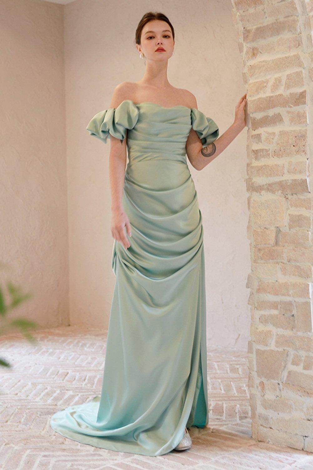 Sheath-Column Sweep-Brush Train Satin Wedding Dress CW3066 - COCOMELODY